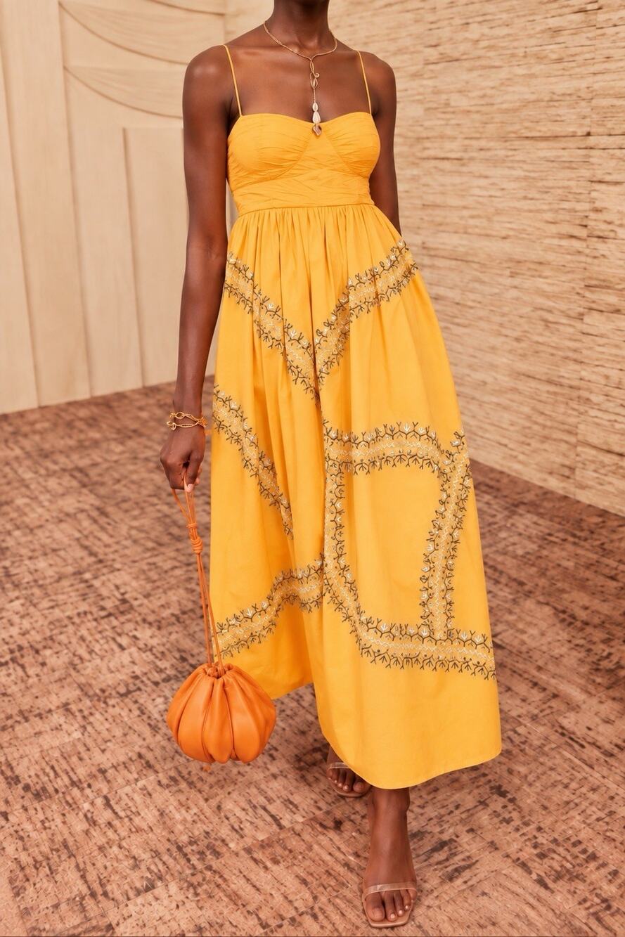 Ulla Johnson Mariza Cotton Poplin Midi Dress US 8 Papaya Yellow Embroidered